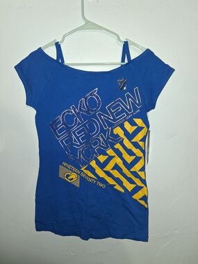 Ecko Unlimited Blue Women's Short-Sleeve Graphic Tee with Yellow Print